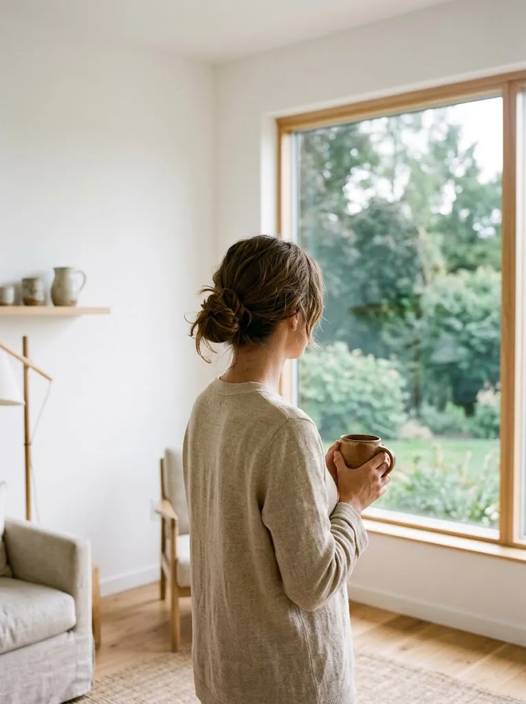 Persona con una taza mirando por la ventana hacia un jardín