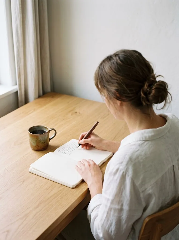 Persona escribiendo en una libreta junto a una taza