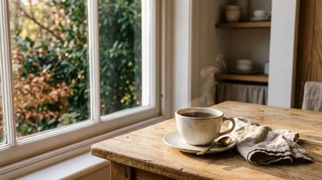 Taza de té humeante sobre una mesa de madera junto a la ventana